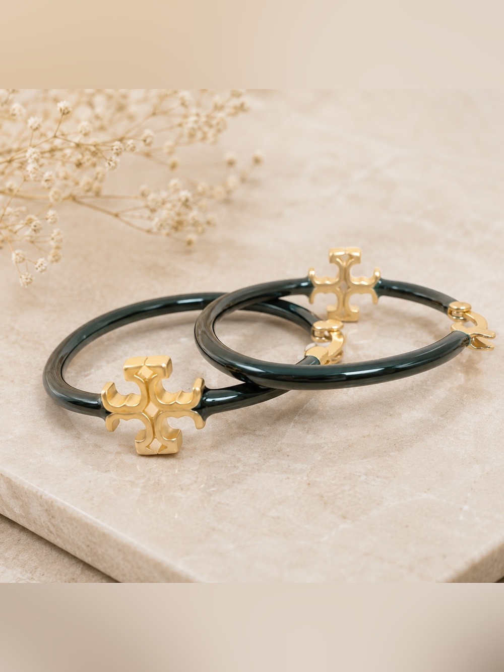 Tory Burch Eleanor Double T Medium Hoop Earrings in Green - Picture 3 of 5